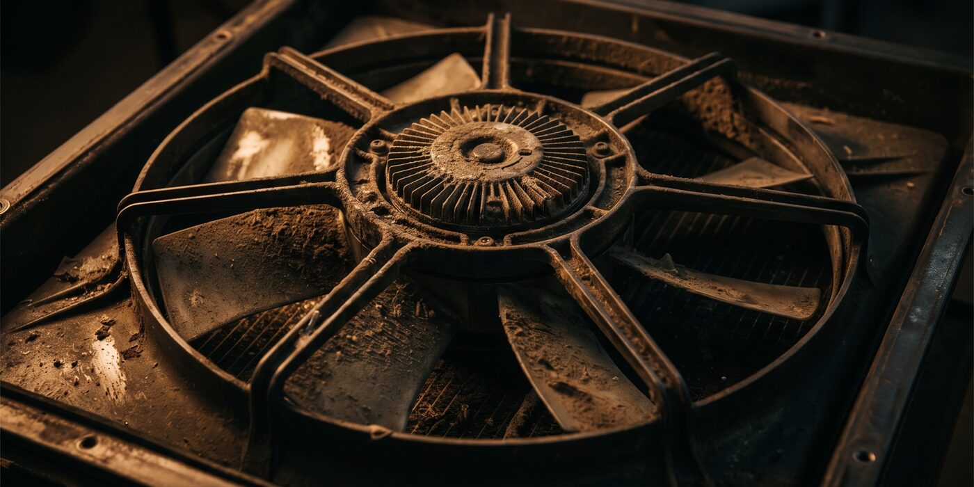 Radiator fan caked in grime, before