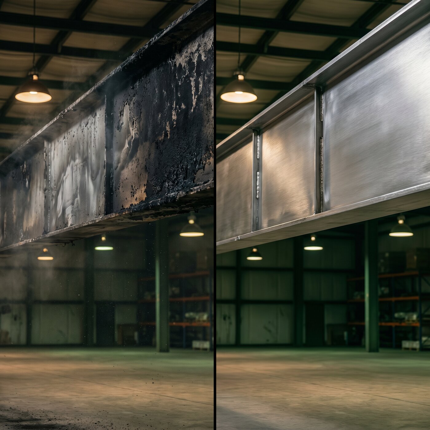Before and after: fire-damaged steel structural beam restored by dry ice blasting