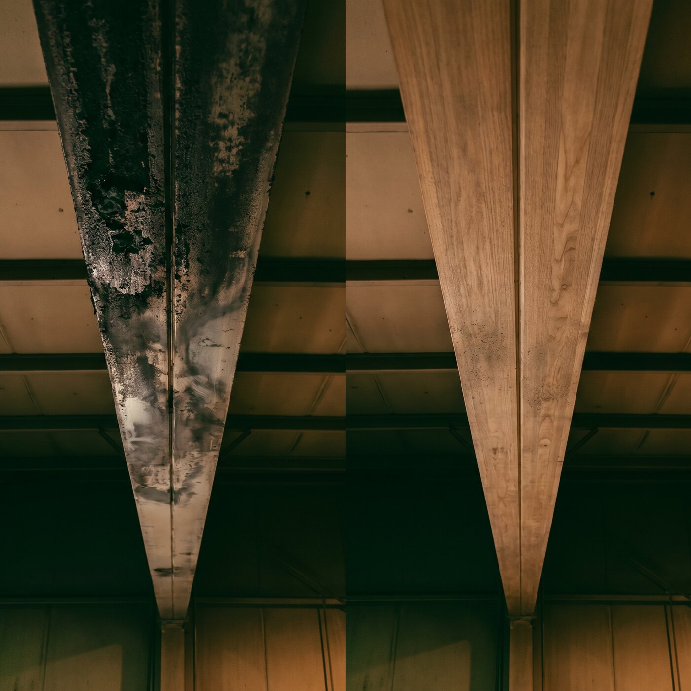 Before and after: soot-covered timber beam restored to bare wood by dry ice blasting