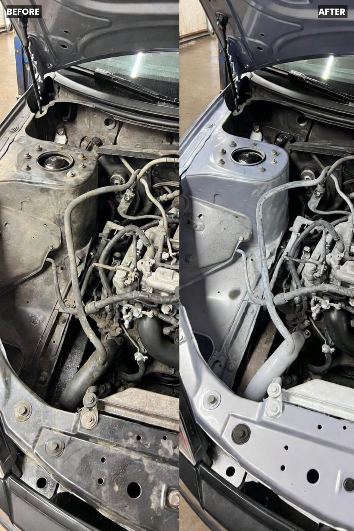 Engine bay before and after dry ice blasting