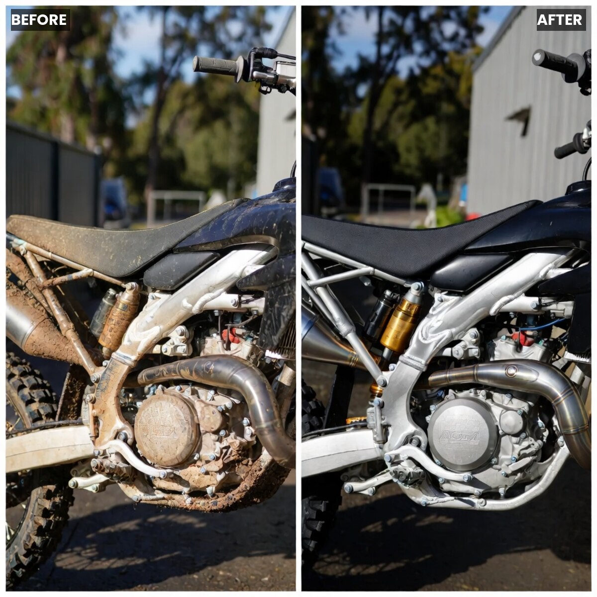 Dirt bike before and after dry ice blasting