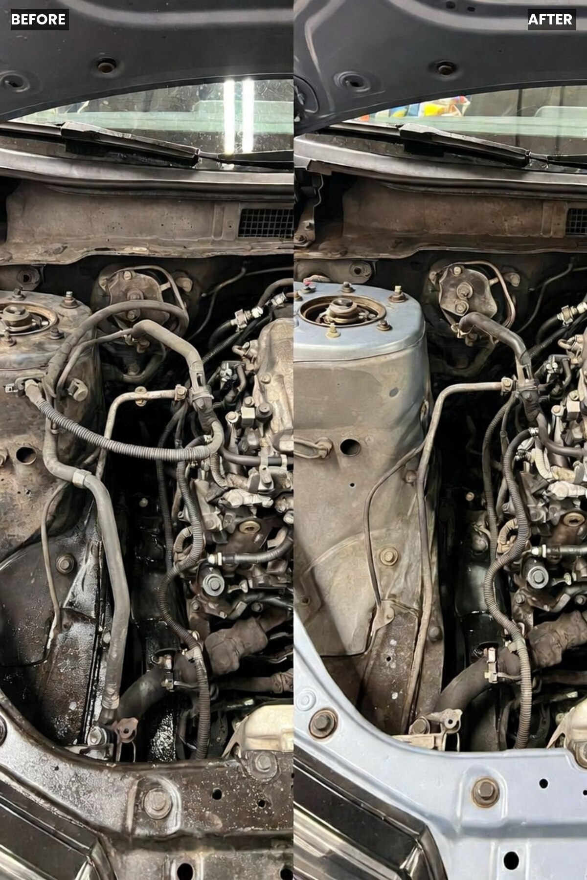 Engine bay before and after dry ice blasting