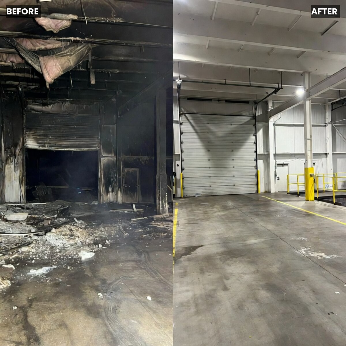 Fire-damaged bay before and after dry ice blasting
