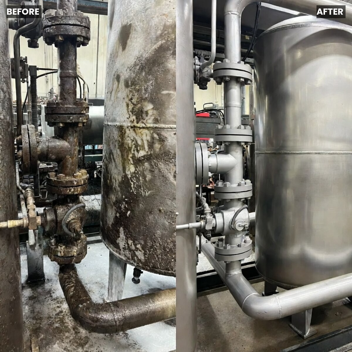 Industrial tank before and after dry ice blasting