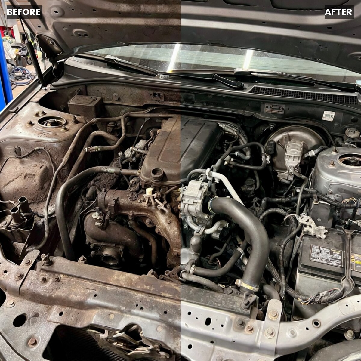 Engine bay before and after dry ice blasting