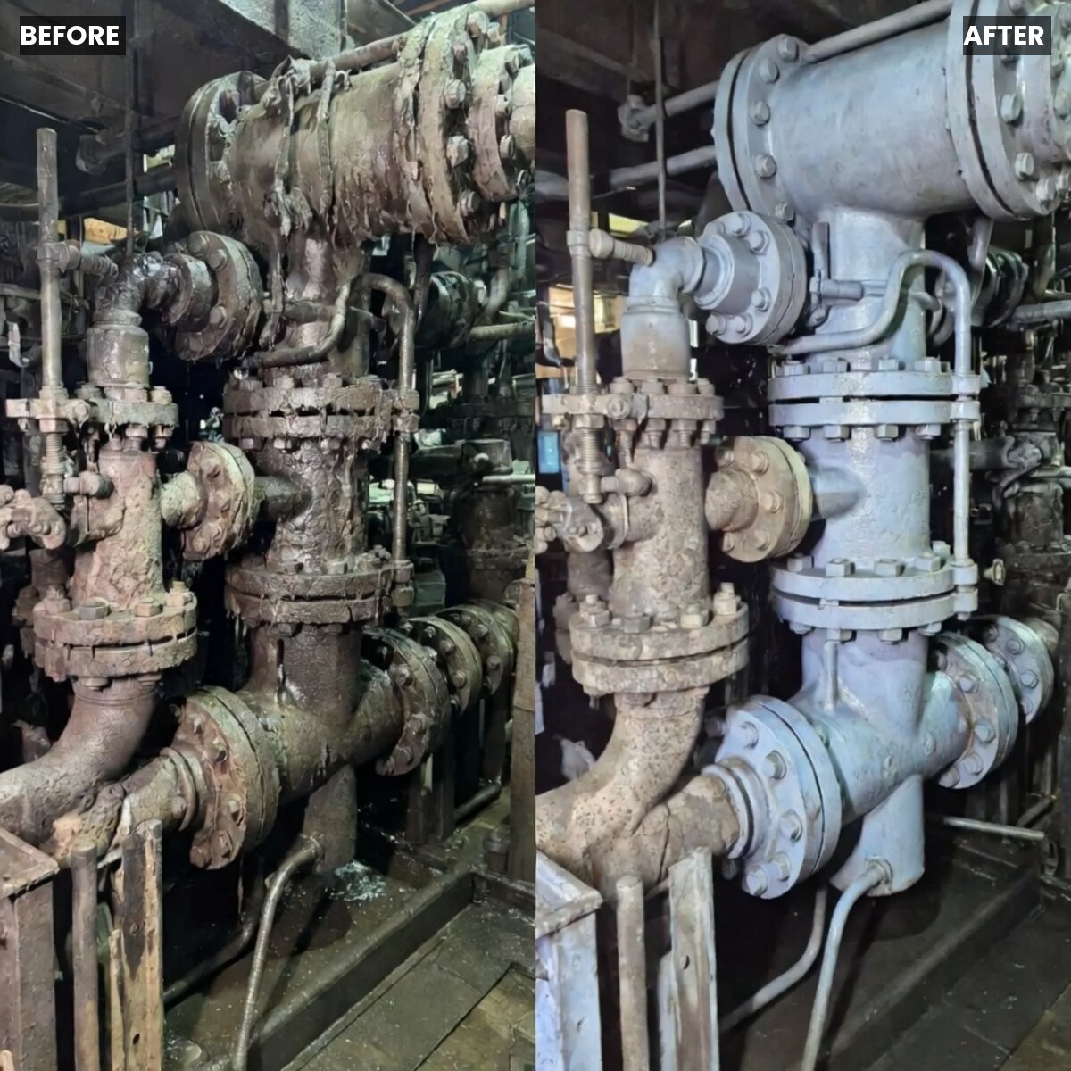Industrial valves and piping before and after dry ice blasting