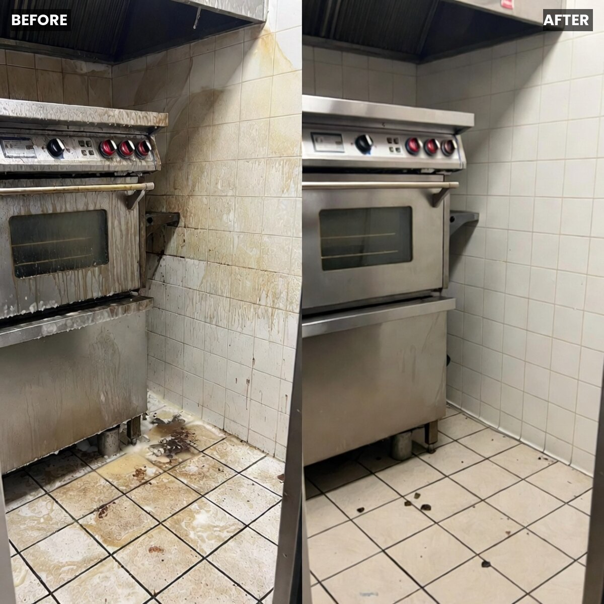 Commercial kitchen range before and after dry ice blasting