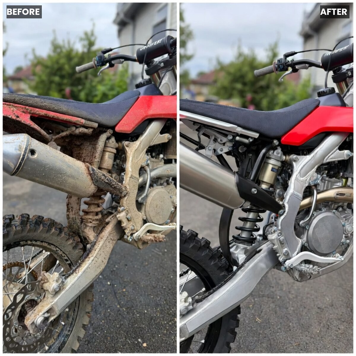 Dirt bike before and after dry ice blasting