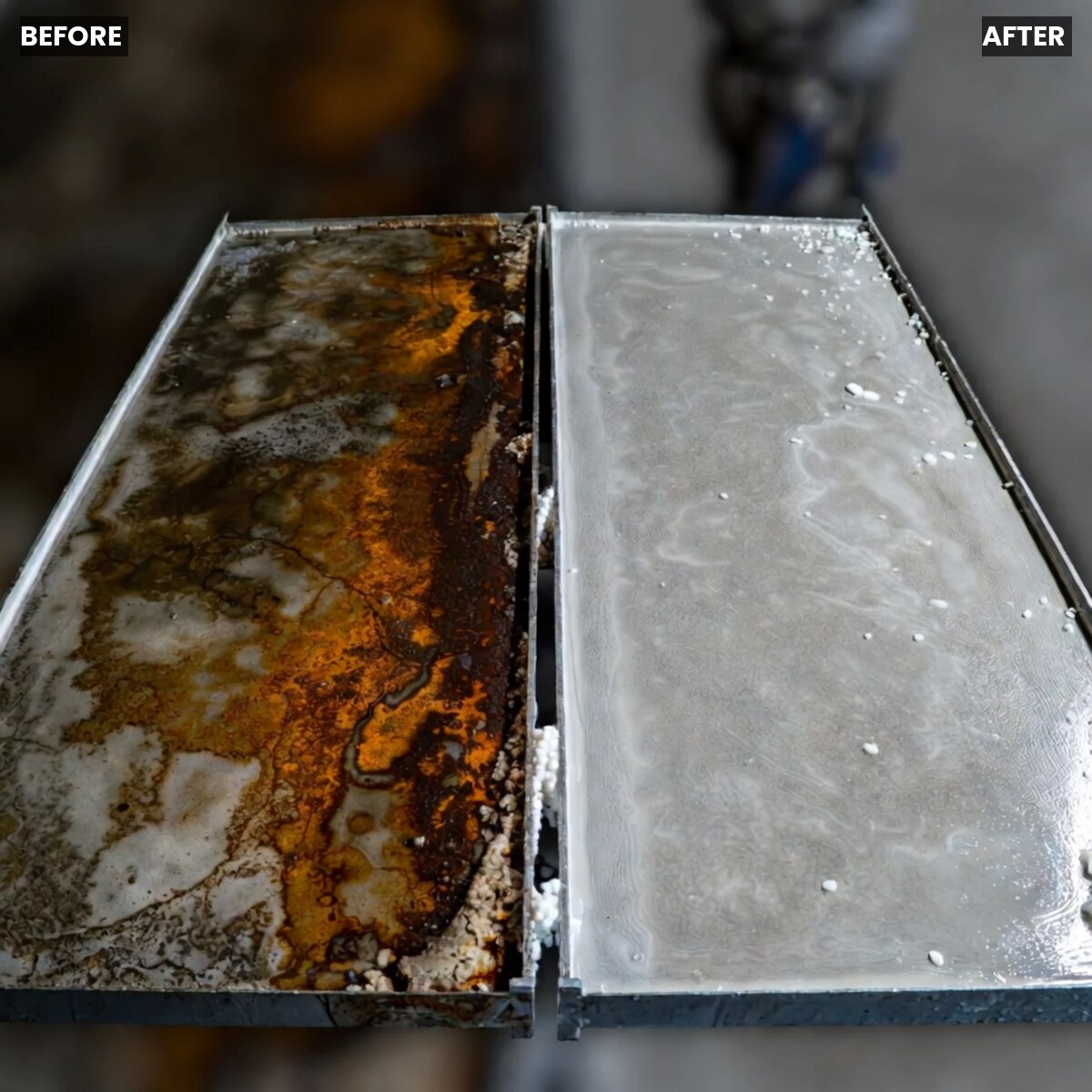 Oven and trays before and after dry ice blasting
