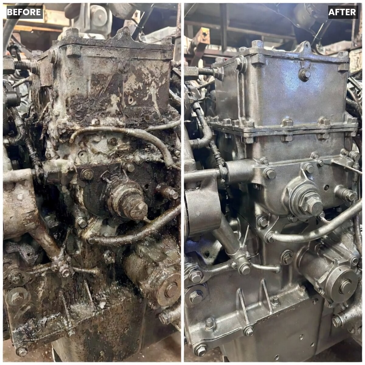Equipment engine before and after dry ice blasting