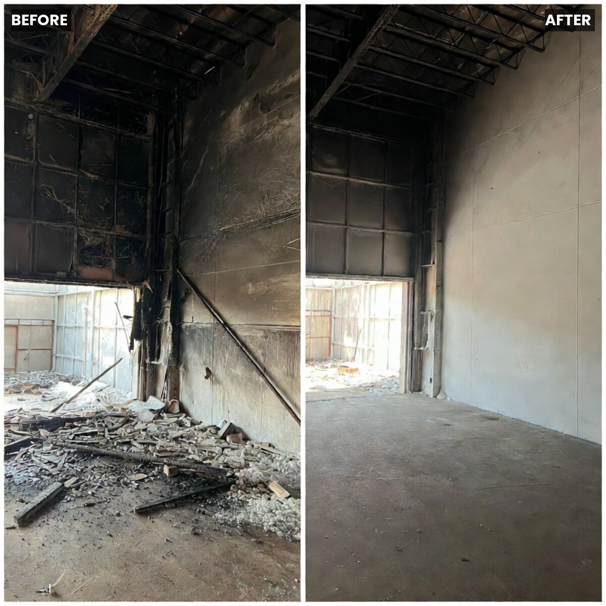 Fire-damaged interior before and after dry ice blasting