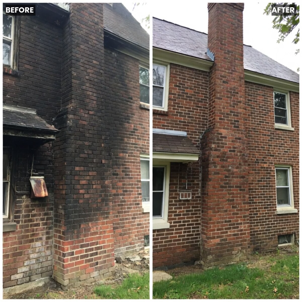Fire-damaged exterior before and after dry ice blasting