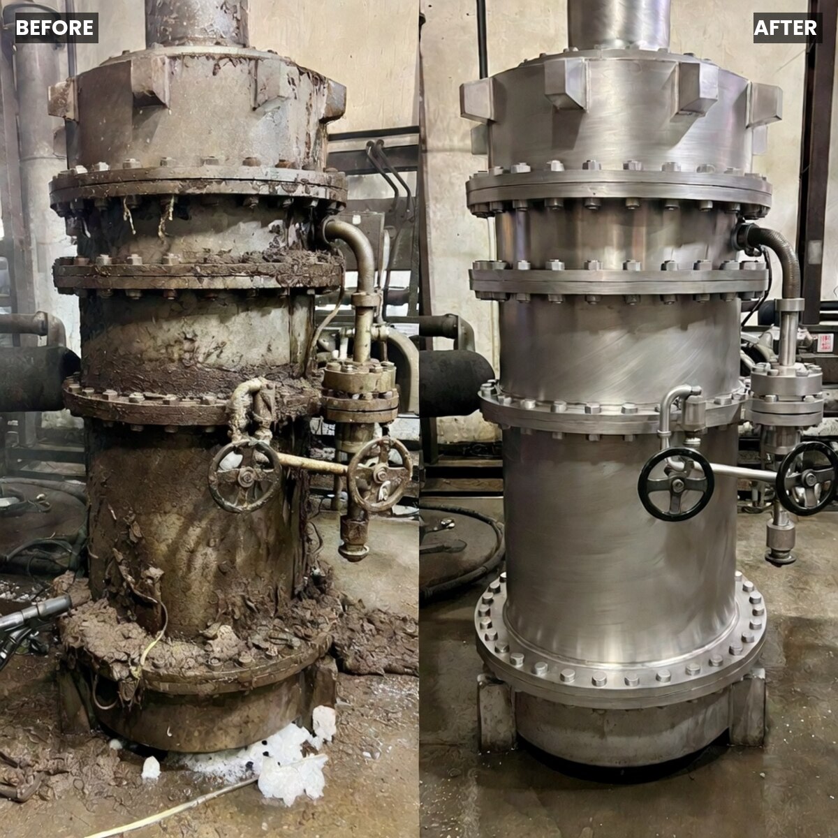 Valve and pump before and after dry ice blasting