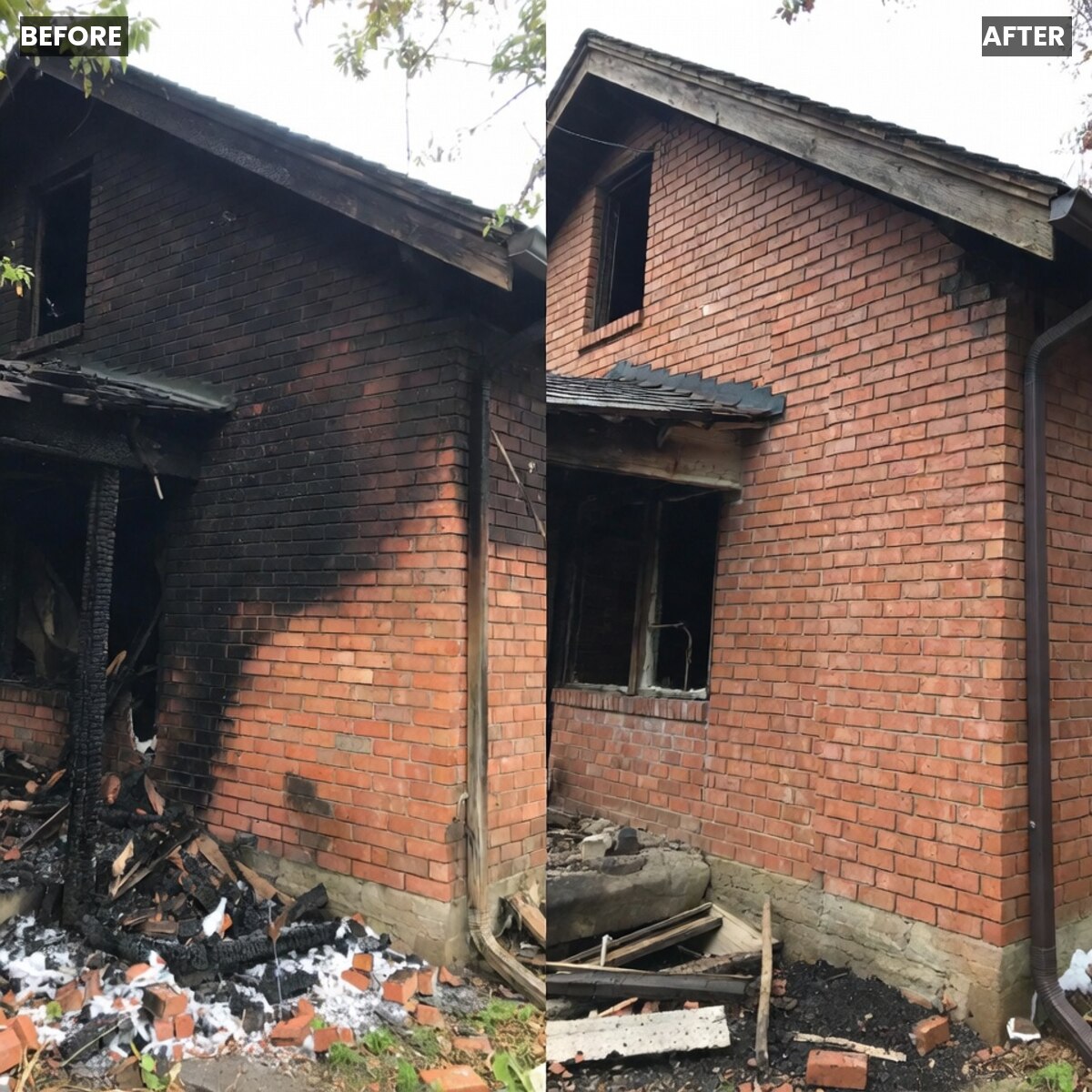 Fire-damaged exterior before and after dry ice blasting