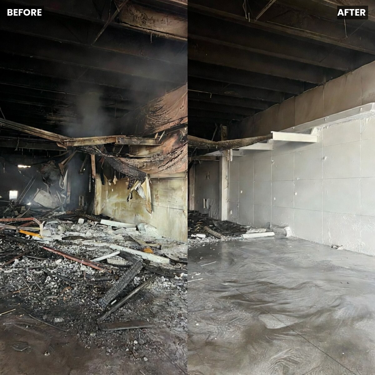 Fire-damaged bay before and after dry ice blasting