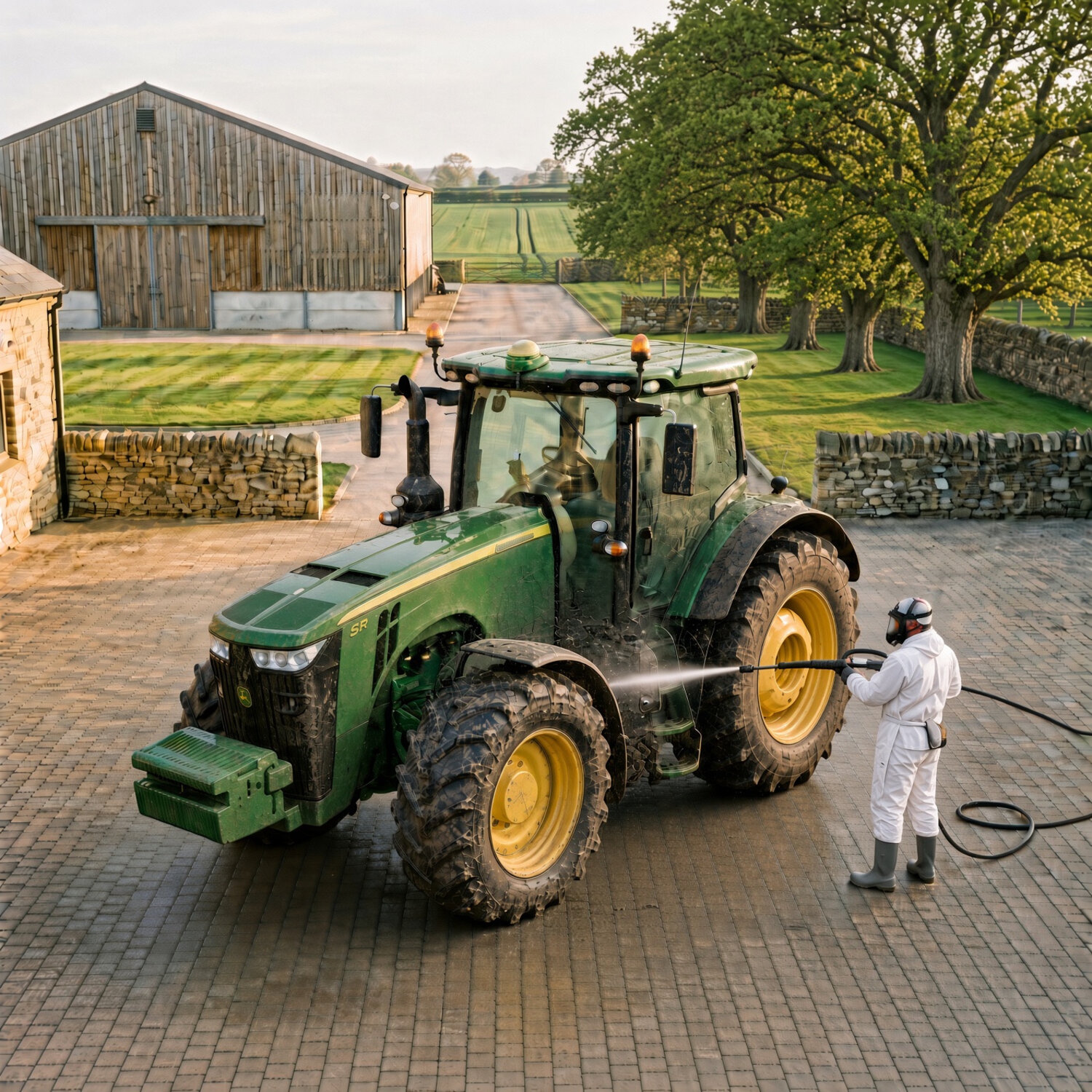 Dry ice blasting a tractor on a farm