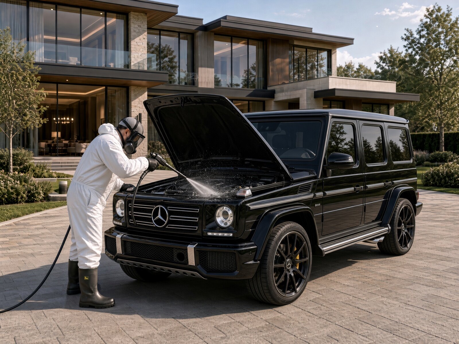 Dry ice blasting a luxury SUV engine bay in a driveway