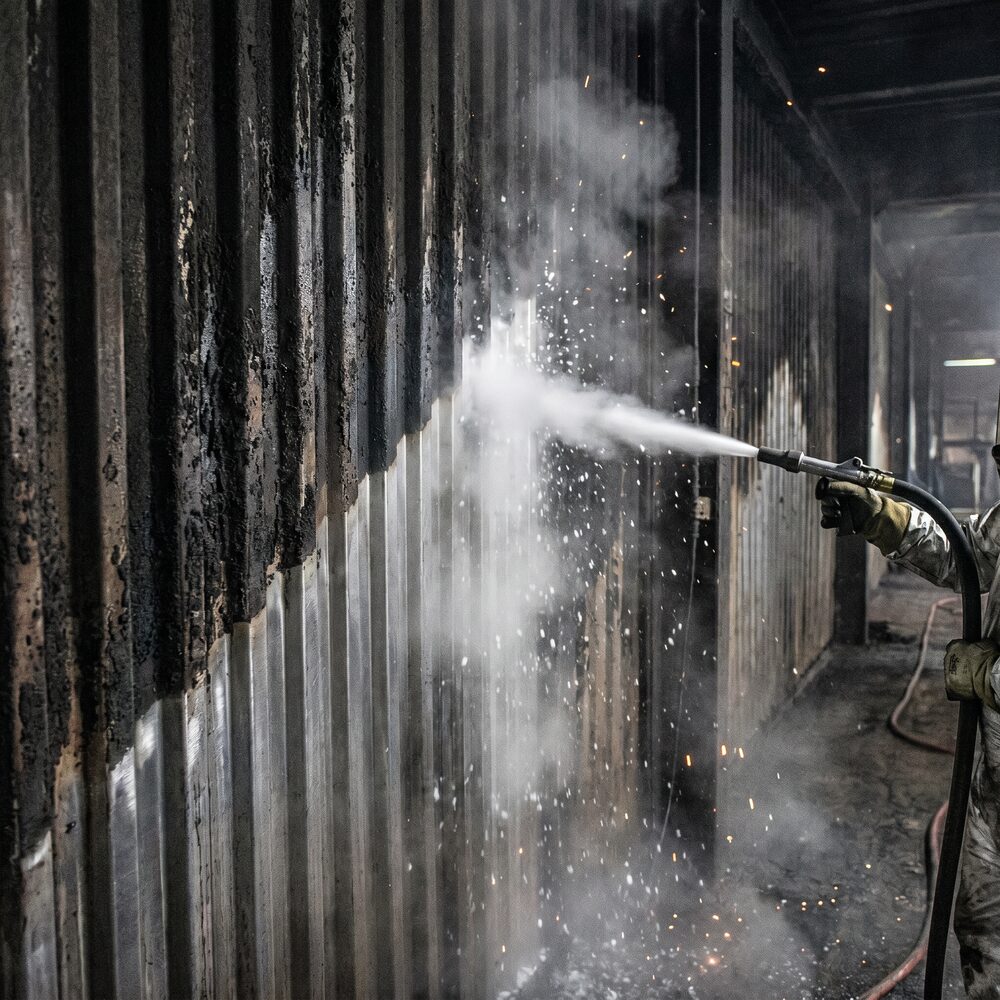 Dry ice blasting soot off a corrugated metal wall in an industrial bay