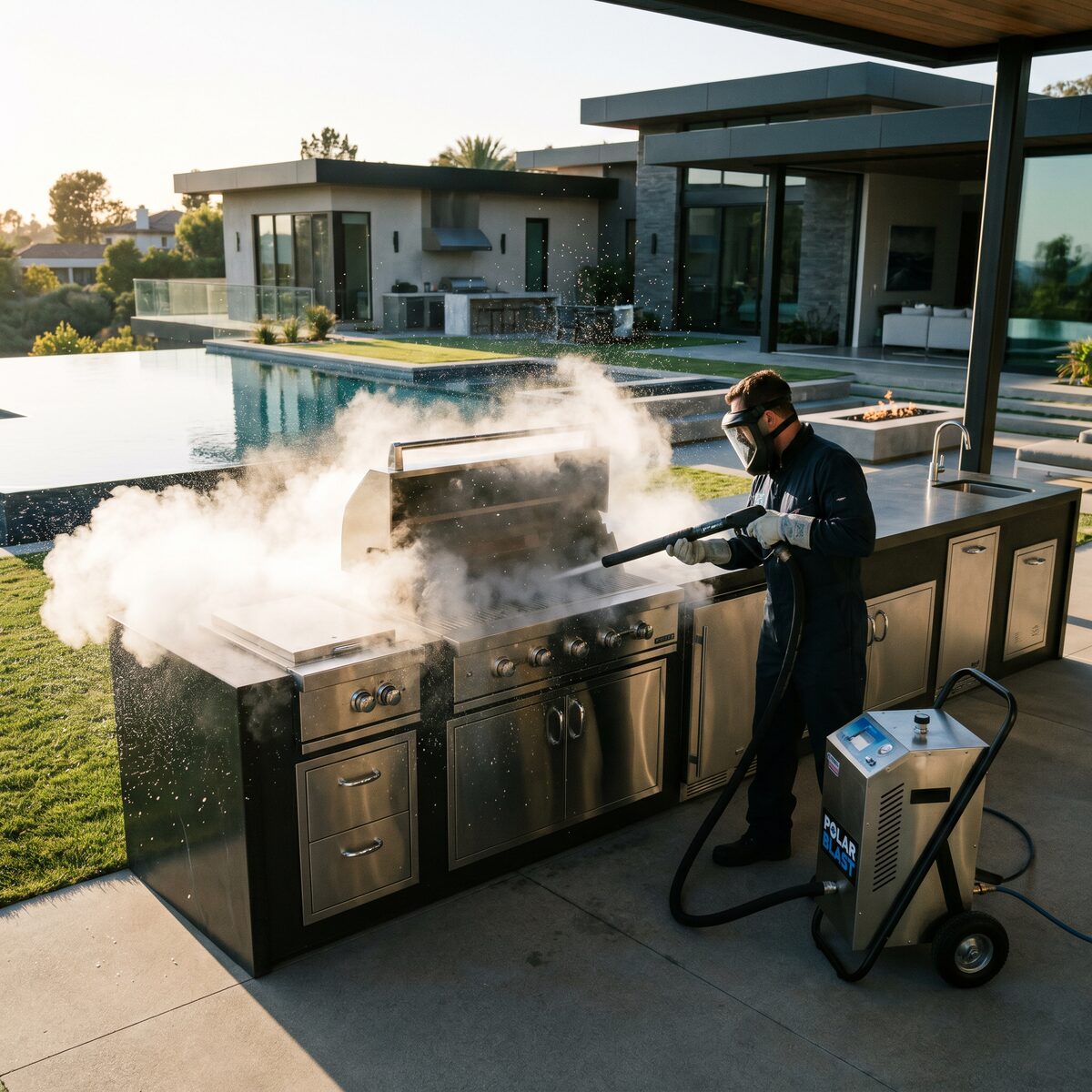Dry ice blasting an outdoor kitchen and BBQ