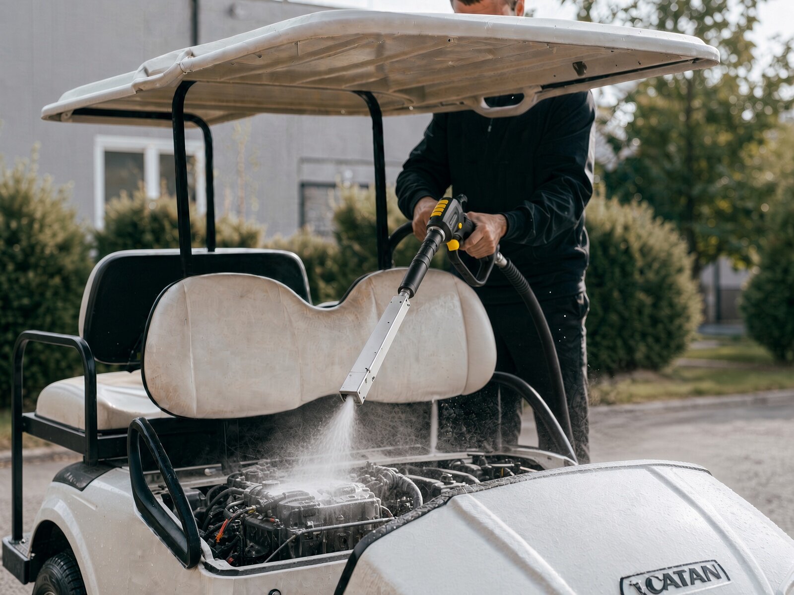 Dry ice cleaning a golf cart on the course