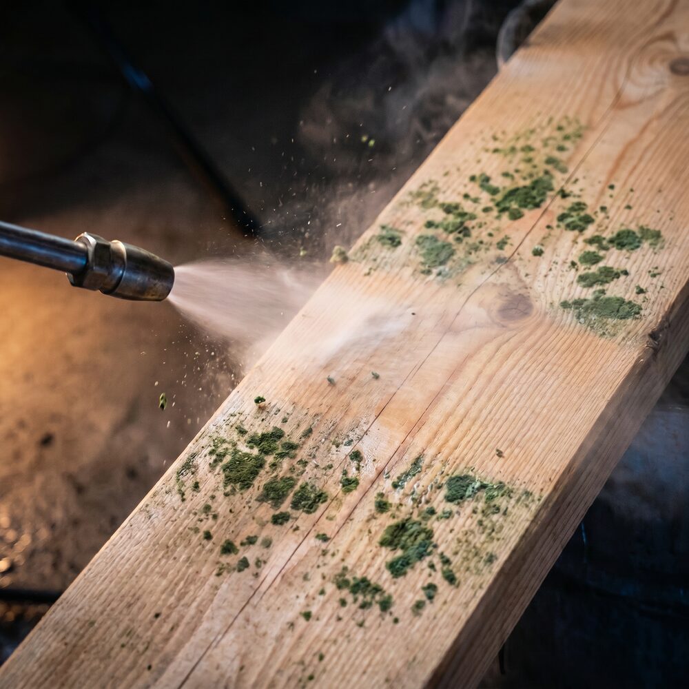 Dry ice blasting mold off a wooden structural beam