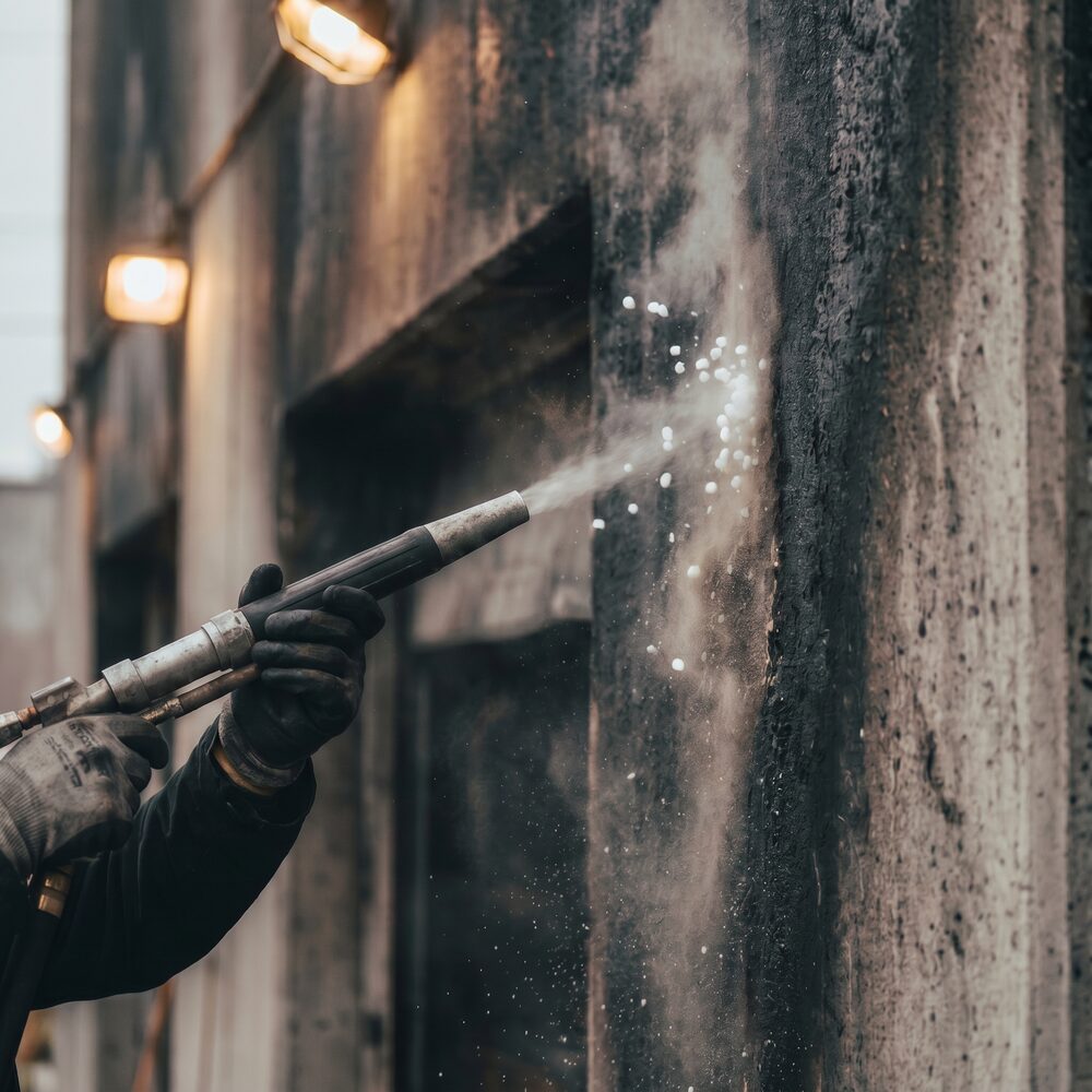 Dry ice blasting soot and char off a fire-damaged commercial structure