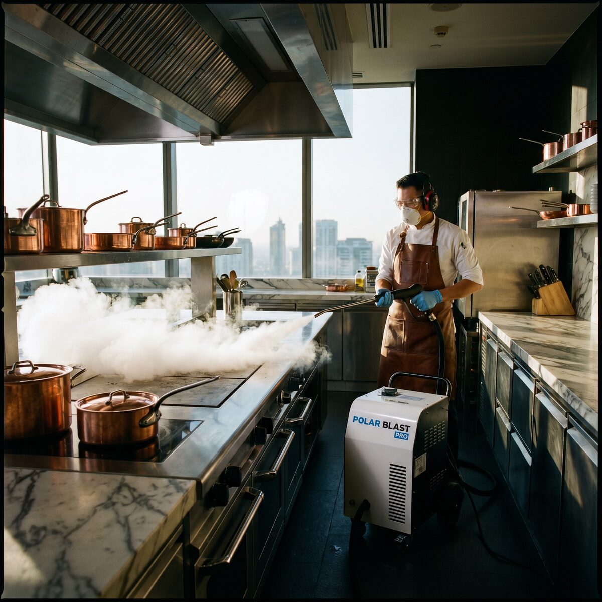 Dry ice blasting a commercial restaurant kitchen range