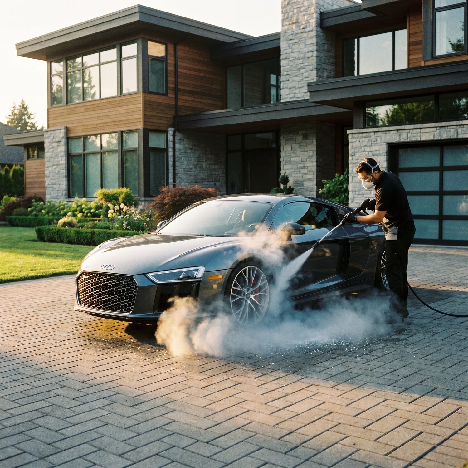 Dry ice blasting a luxury sports car in a driveway
